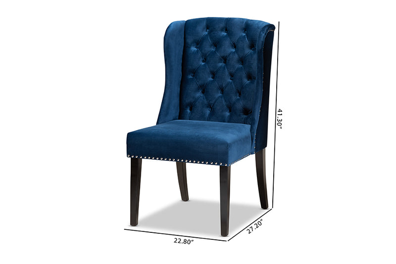 Baxton Studio Lamont Modern Contemporary Transitional Navy Blue Velvet Fabric Upholstered and Dark Brown Finished Wood Wingback Dining Chair