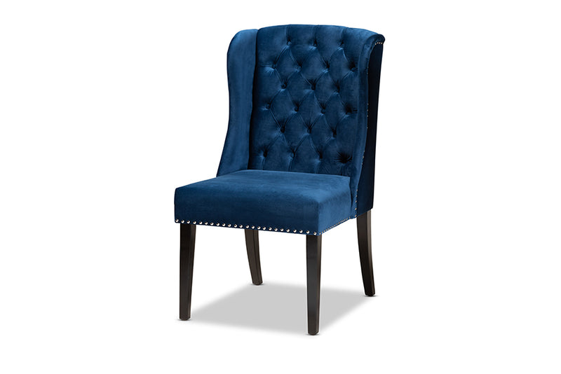Baxton Studio Lamont Modern Contemporary Transitional Navy Blue Velvet Fabric Upholstered and Dark Brown Finished Wood Wingback Dining Chair