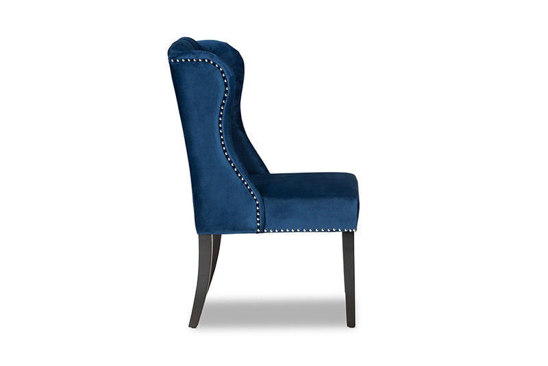 Baxton Studio Lamont Modern Contemporary Transitional Navy Blue Velvet Fabric Upholstered and Dark Brown Finished Wood Wingback Dining Chair