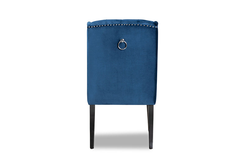 Baxton Studio Lamont Modern Contemporary Transitional Navy Blue Velvet Fabric Upholstered and Dark Brown Finished Wood Wingback Dining Chair