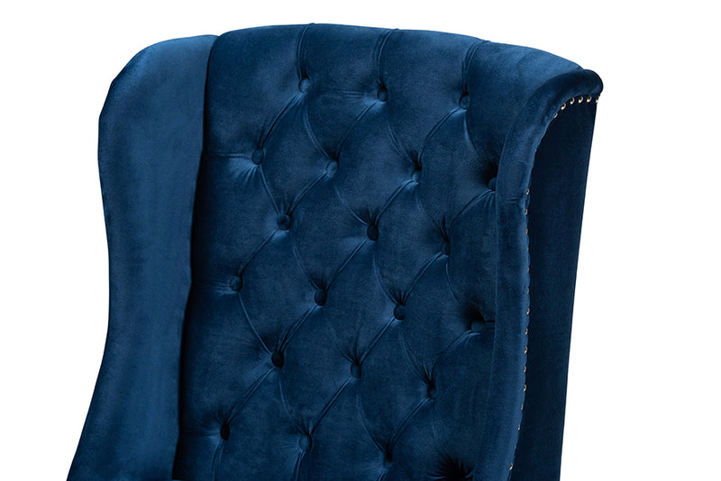 Baxton Studio Lamont Modern Contemporary Transitional Navy Blue Velvet Fabric Upholstered and Dark Brown Finished Wood Wingback Dining Chair