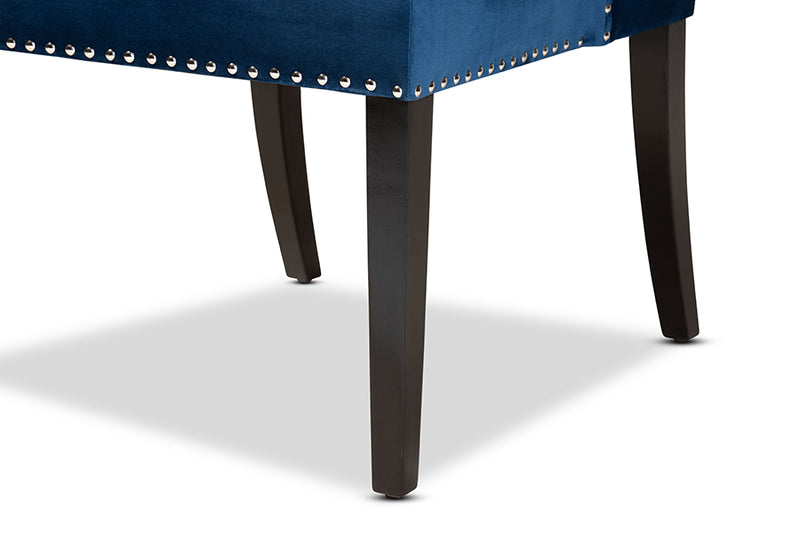 Baxton Studio Lamont Modern Contemporary Transitional Navy Blue Velvet Fabric Upholstered and Dark Brown Finished Wood Wingback Dining Chair