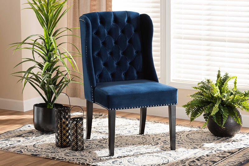 Baxton Studio Lamont Modern Contemporary Transitional Navy Blue Velvet Fabric Upholstered and Dark Brown Finished Wood Wingback Dining Chair