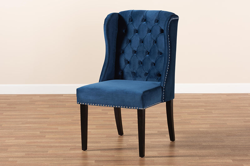 Baxton Studio Lamont Modern Contemporary Transitional Navy Blue Velvet Fabric Upholstered and Dark Brown Finished Wood Wingback Dining Chair