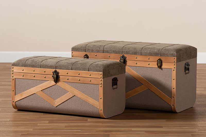 Baxton Studio Kala Modern and Contemporary Transitional Brown Fabric Upholstered and Walnut Finished Wood 2-Piece Storage Ottoman Trunk Set