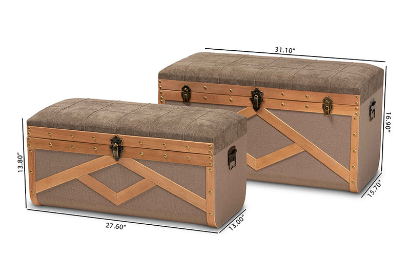 Baxton Studio Kala Modern and Contemporary Transitional Brown Fabric Upholstered and Walnut Finished Wood 2-Piece Storage Ottoman Trunk Set