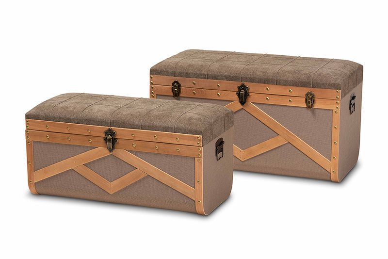 Baxton Studio Kala Modern and Contemporary Transitional Brown Fabric Upholstered and Walnut Finished Wood 2-Piece Storage Ottoman Trunk Set