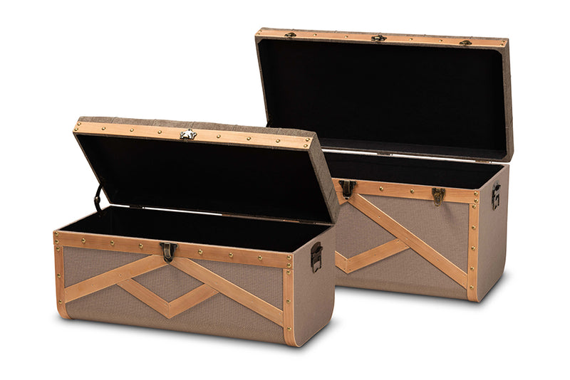 Baxton Studio Kala Modern and Contemporary Transitional Brown Fabric Upholstered and Walnut Finished Wood 2-Piece Storage Ottoman Trunk Set