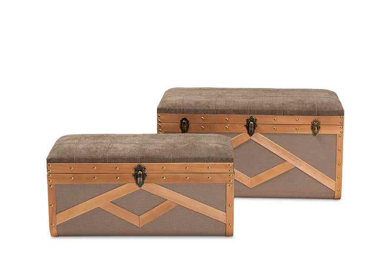 Baxton Studio Kala Modern and Contemporary Transitional Brown Fabric Upholstered and Walnut Finished Wood 2-Piece Storage Ottoman Trunk Set
