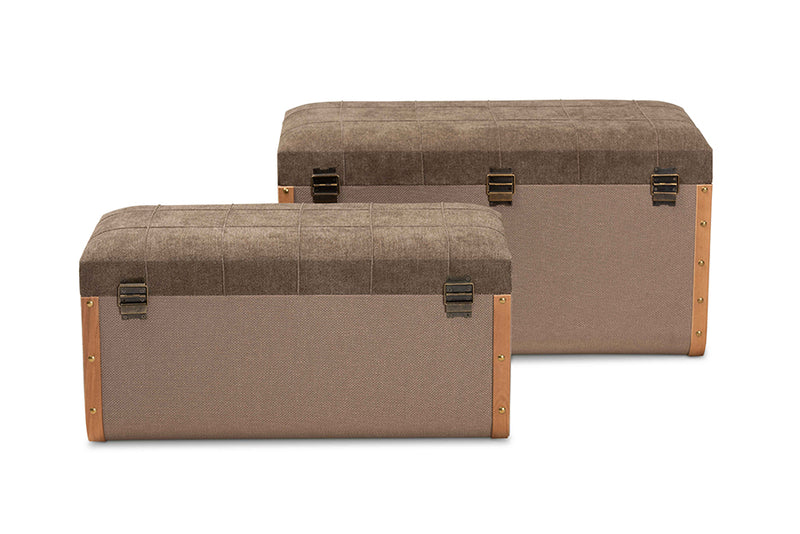 Baxton Studio Kala Modern and Contemporary Transitional Brown Fabric Upholstered and Walnut Finished Wood 2-Piece Storage Ottoman Trunk Set