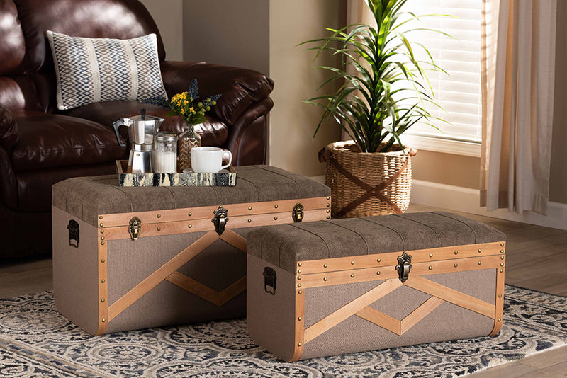 Baxton Studio Kala Modern and Contemporary Transitional Brown Fabric Upholstered and Walnut Finished Wood 2-Piece Storage Ottoman Trunk Set
