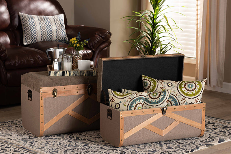 Baxton Studio Kala Modern and Contemporary Transitional Brown Fabric Upholstered and Walnut Finished Wood 2-Piece Storage Ottoman Trunk Set