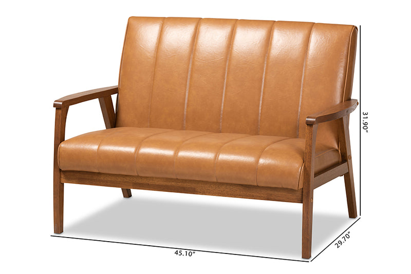 Baxton Studio Nikko Mid-century Modern Tan Faux Leather Upholstered and Walnut Brown finished Wood Loveseat