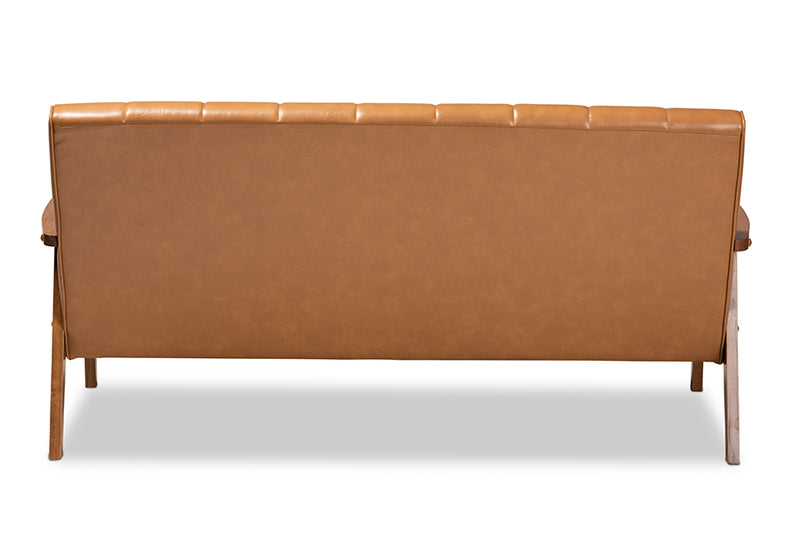 Baxton Studio Nikko Mid-century Modern Tan Faux Leather Upholstered and Walnut Brown finished Wood Sofa