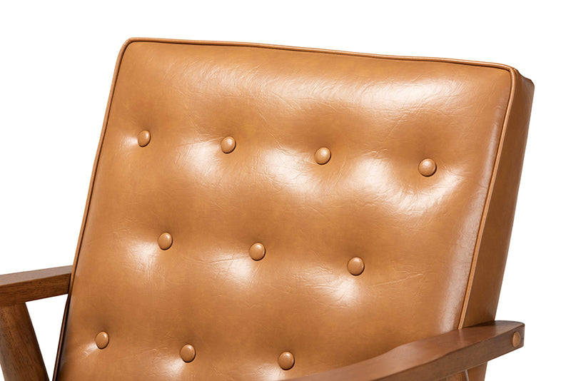 Baxton Studio Sorrento Mid-Century Modern Tan Faux Leather Upholstered and Walnut Brown Finished Wood Lounge Chair