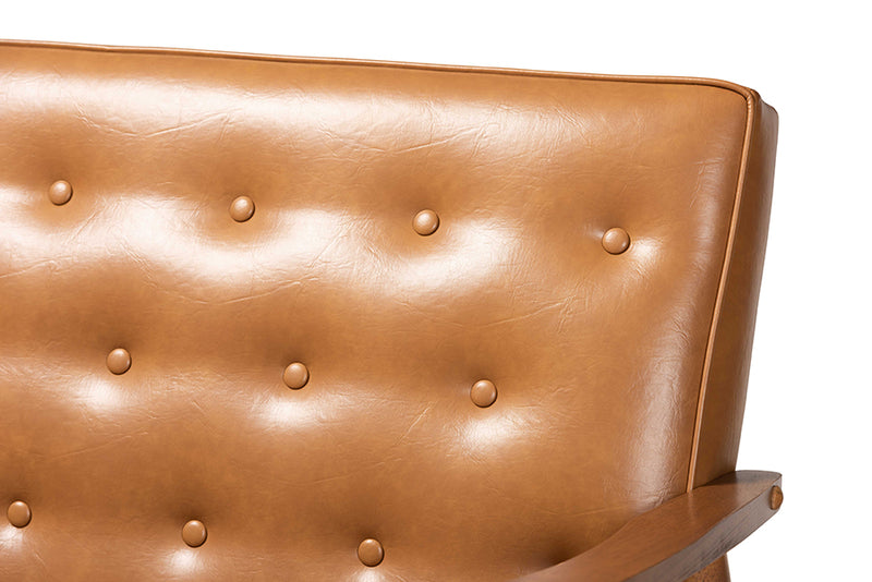 Baxton Studio Sorrento Mid-Century Modern Tan Faux Leather Upholstered and Walnut Brown Finished Wood Loveseat
