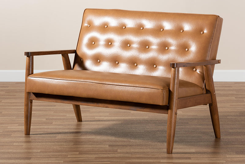 Baxton Studio Sorrento Mid-Century Modern Tan Faux Leather Upholstered and Walnut Brown Finished Wood Loveseat