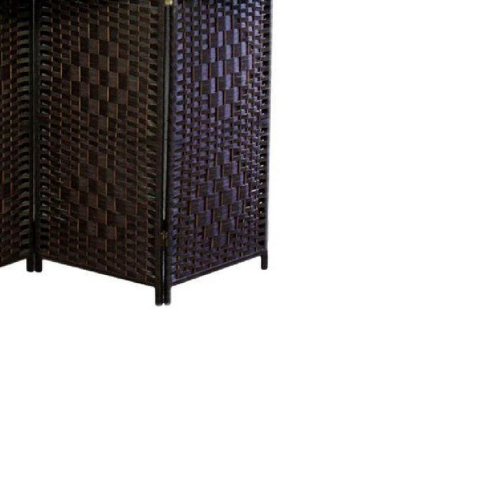 Wood and Paper Straw Textured 4 Panel Screen with Shelf, Brown