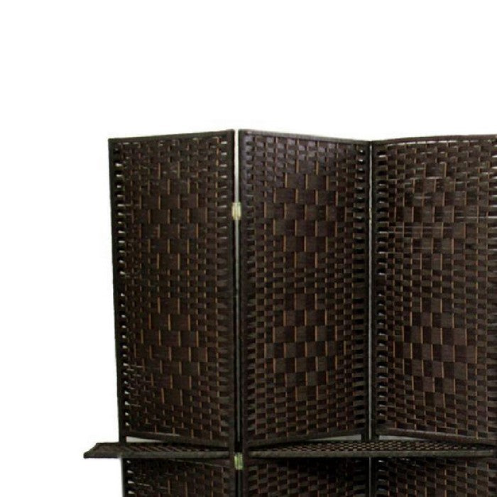 Wood and Paper Straw Textured 4 Panel Screen with Shelf, Brown