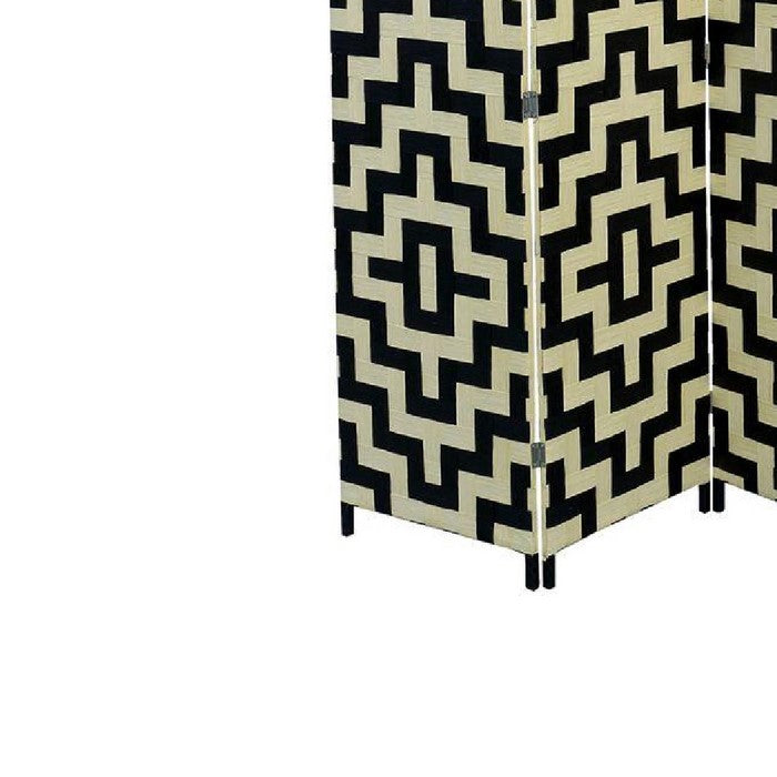 Geometric Pattern Wood and Paper Straw Weave Screen, Cream and Black