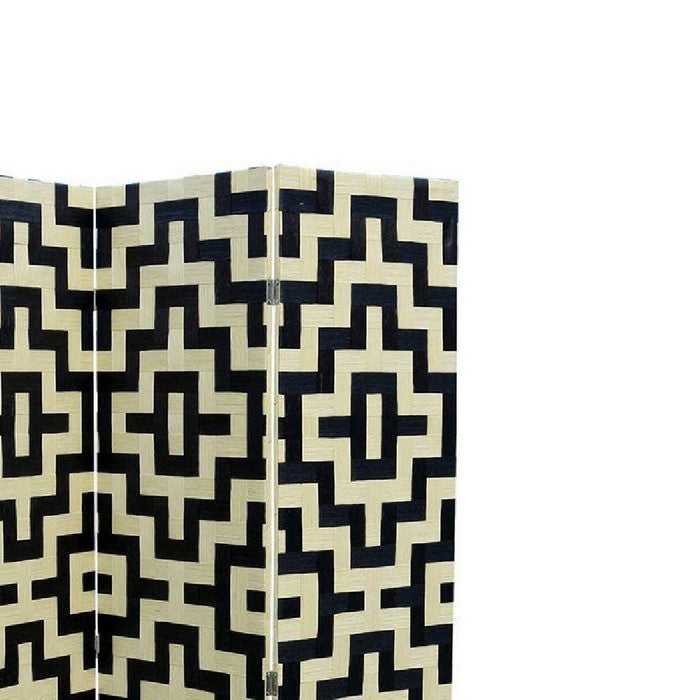 Geometric Pattern Wood and Paper Straw Weave Screen, Cream and Black