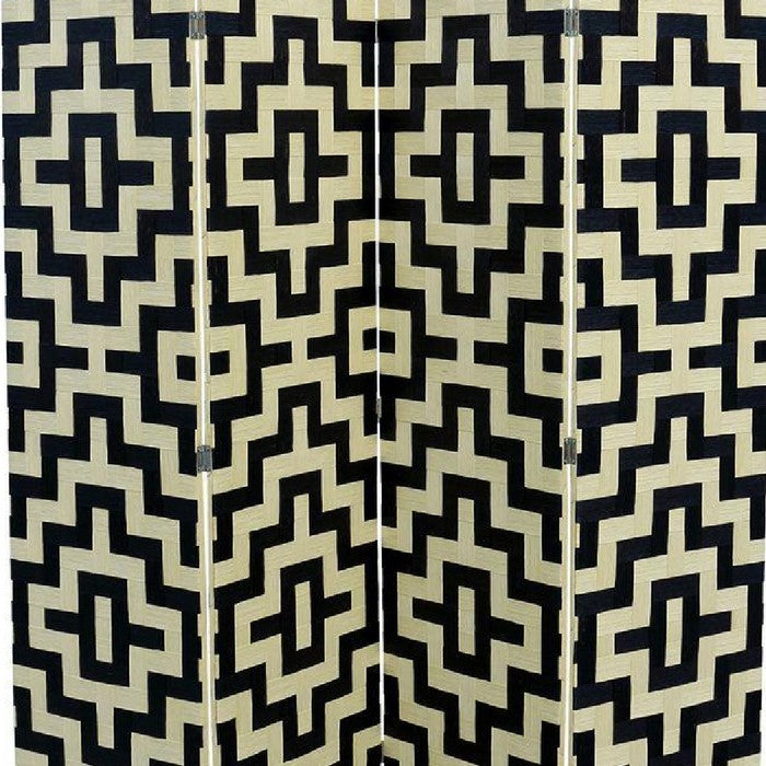 Geometric Pattern Wood and Paper Straw Weave Screen, Cream and Black