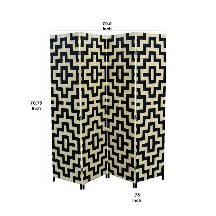 Geometric Pattern Wood and Paper Straw Weave Screen, Cream and Black