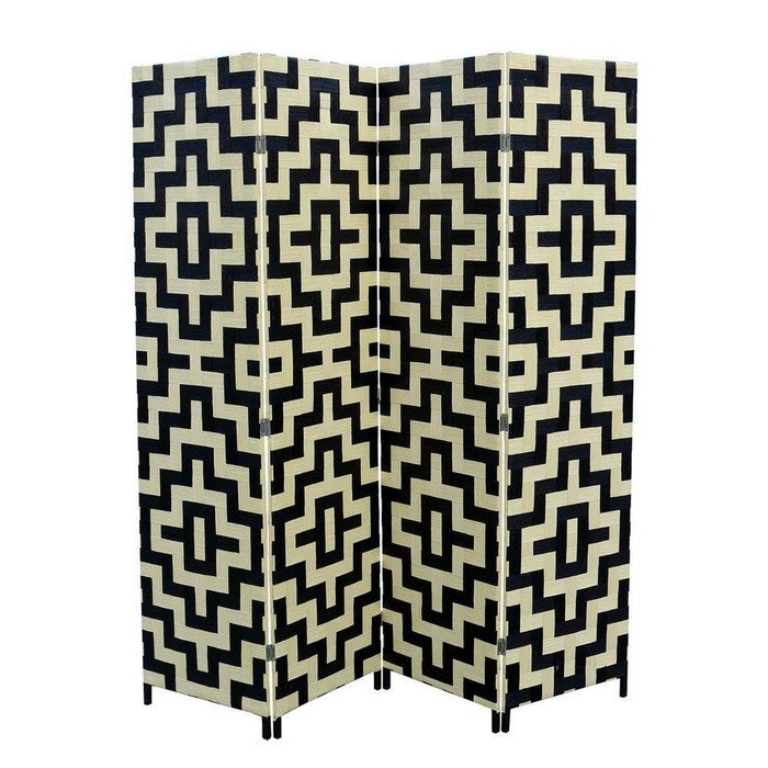 Geometric Pattern Wood and Paper Straw Weave Screen, Cream and Black