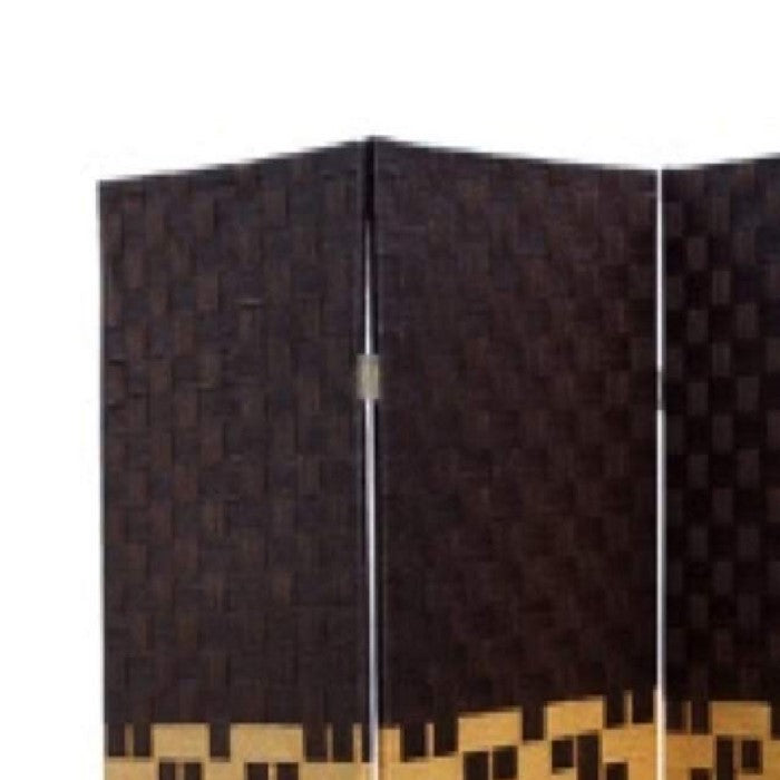 Paper Straw Weave and Wood 4 Panel Screen, Brown and Yellow