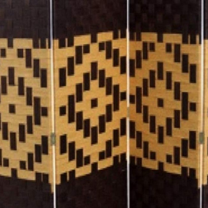 Paper Straw Weave and Wood 4 Panel Screen, Brown and Yellow