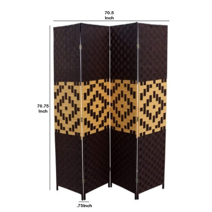 Paper Straw Weave and Wood 4 Panel Screen, Brown and Yellow