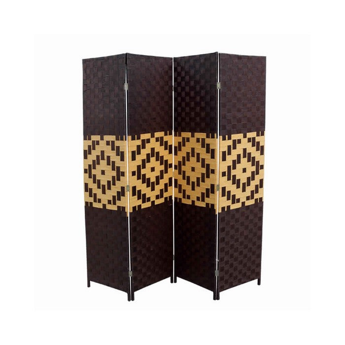 Paper Straw Weave and Wood 4 Panel Screen, Brown and Yellow