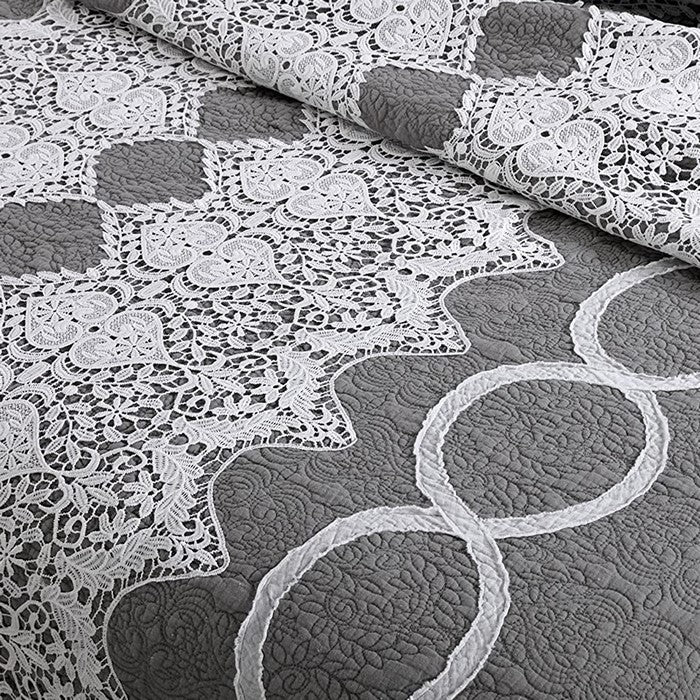 Humber 2 Piece Twin Size Fabric Quilt Set with Lace Embellishment, Gray and White