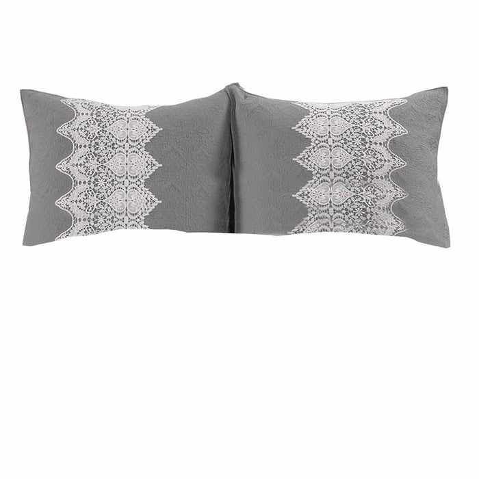 Humber 2 Piece Twin Size Fabric Quilt Set with Lace Embellishment, Gray and White