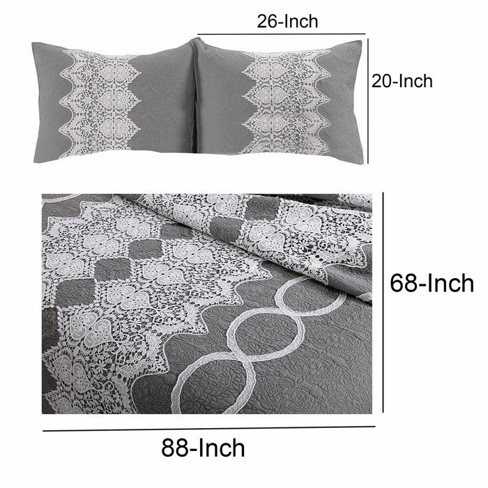 Humber 2 Piece Twin Size Fabric Quilt Set with Lace Embellishment, Gray and White