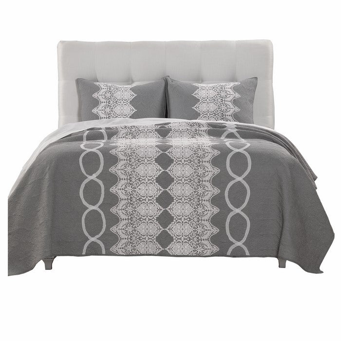 Humber 2 Piece Twin Size Fabric Quilt Set with Lace Embellishment, Gray and White