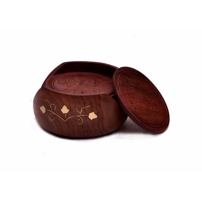 Benzara Handmade Wooden Coasters With Holder In Rosewood, Set Of 6, Brown