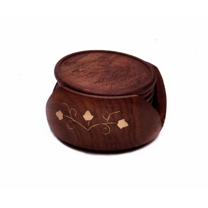 Benzara Handmade Wooden Coasters With Holder In Rosewood, Set Of 6, Brown