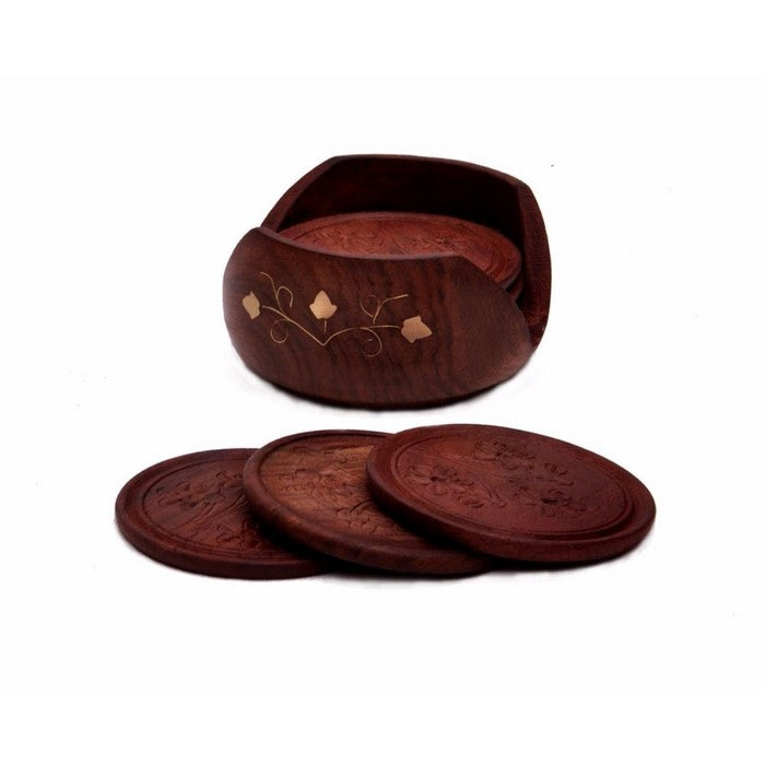 Benzara Handmade Wooden Coasters With Holder In Rosewood, Set Of 6, Brown