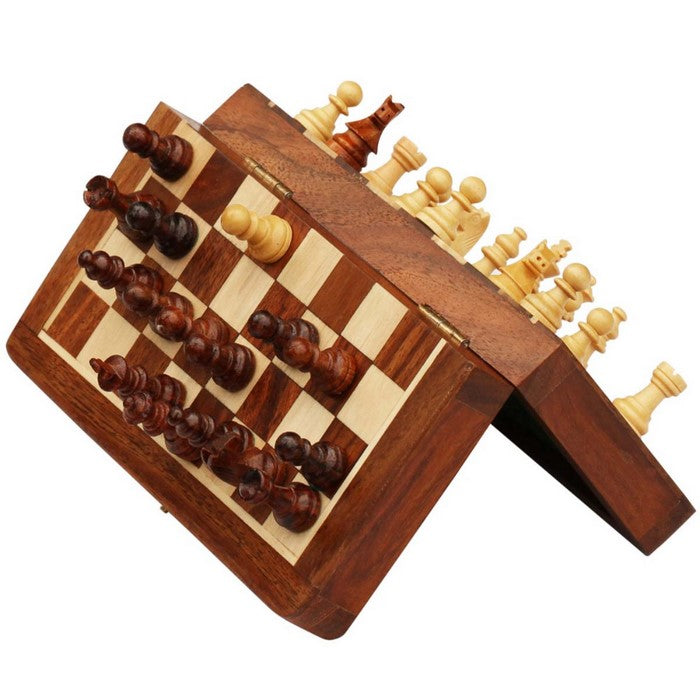 Benzara Magnetic Handmade Chess Set Foldable Game In Wood, Brown And Beige