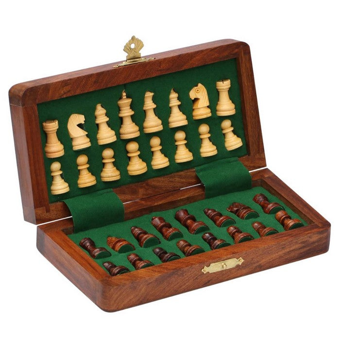 Benzara Magnetic Handmade Chess Set Foldable Game In Wood, Brown And Beige
