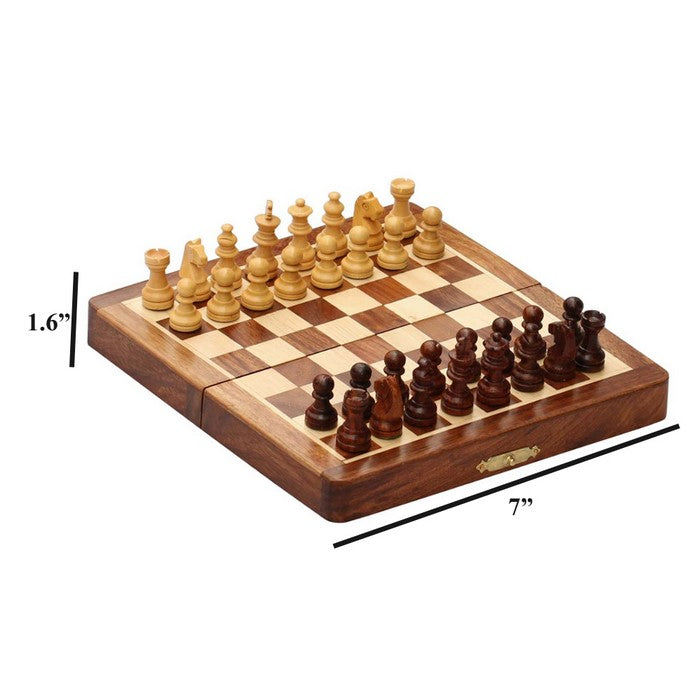 Benzara Magnetic Handmade Chess Set Foldable Game In Wood, Brown And Beige