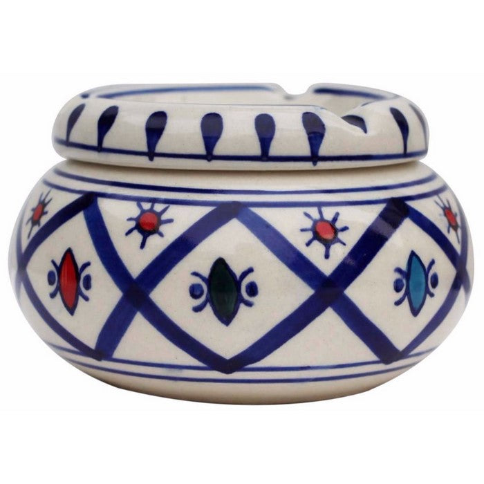 Benzara Smokeless Ceramic Ashtray With Lid, White And Blue