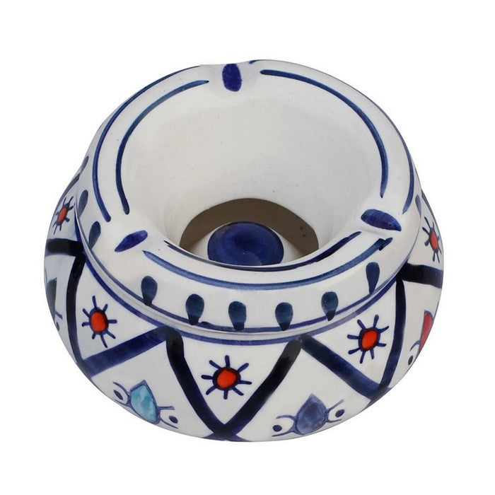 Benzara Smokeless Ceramic Ashtray With Lid, White And Blue