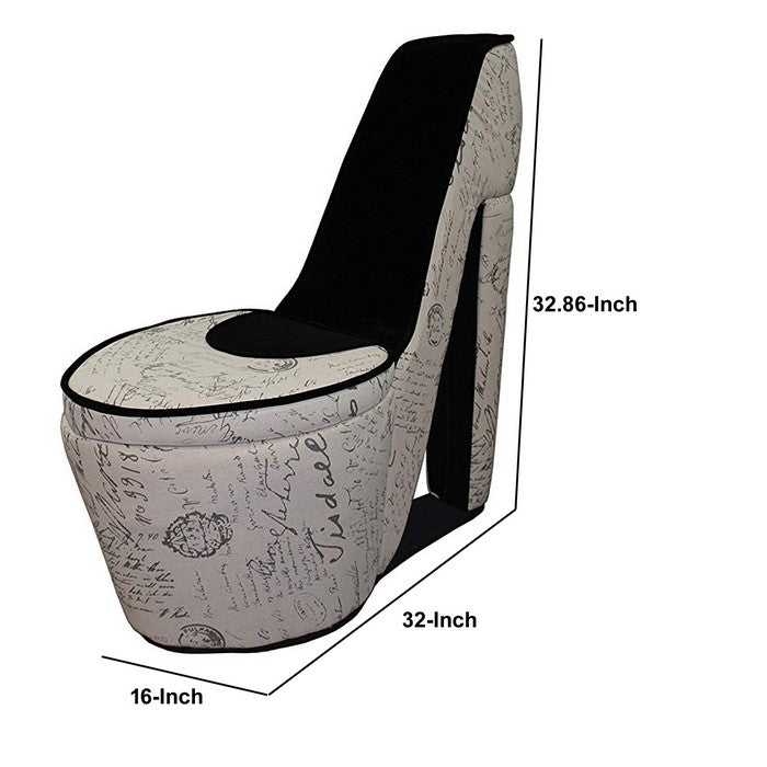Script Print High Heel Shaped Chair with Storage, Beige and Black