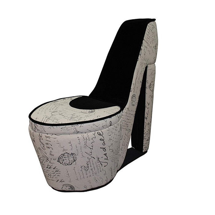 Script Print High Heel Shaped Chair with Storage, Beige and Black