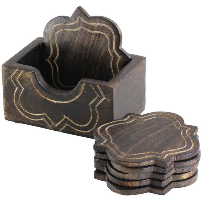 Benzara Traditional Wooden Drink Coasters With Holder, Set Of 6, Brown