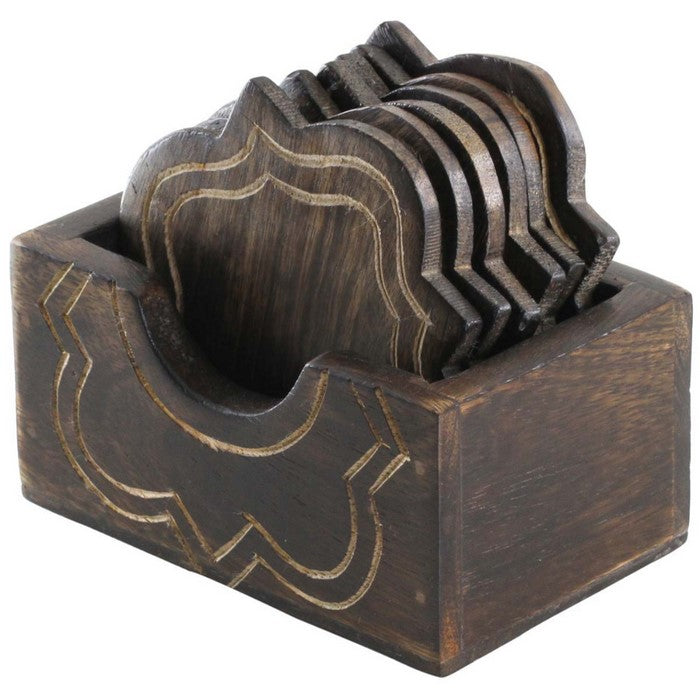 Benzara Traditional Wooden Drink Coasters With Holder, Set Of 6, Brown