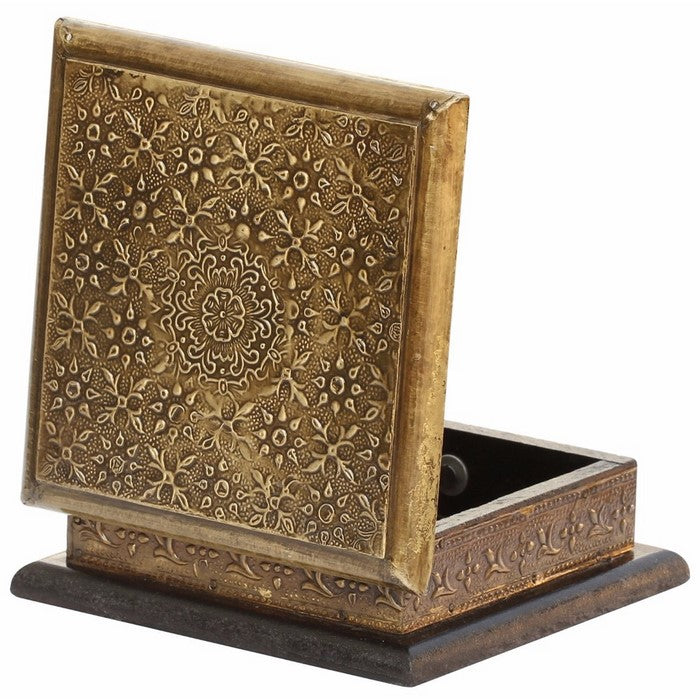 Handmade Trinket Box In Mango Wood With Embossed Brass Sheet By Benzara