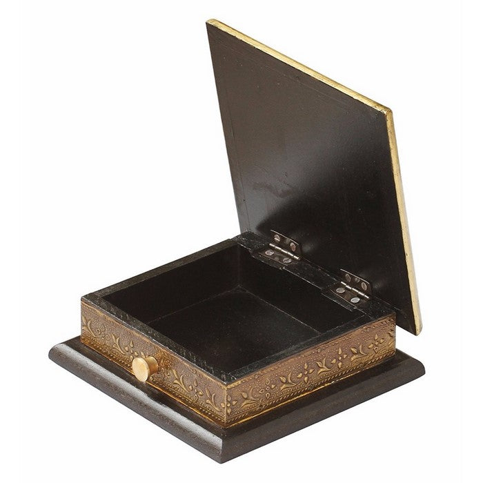 Handmade Trinket Box In Mango Wood With Embossed Brass Sheet By Benzara